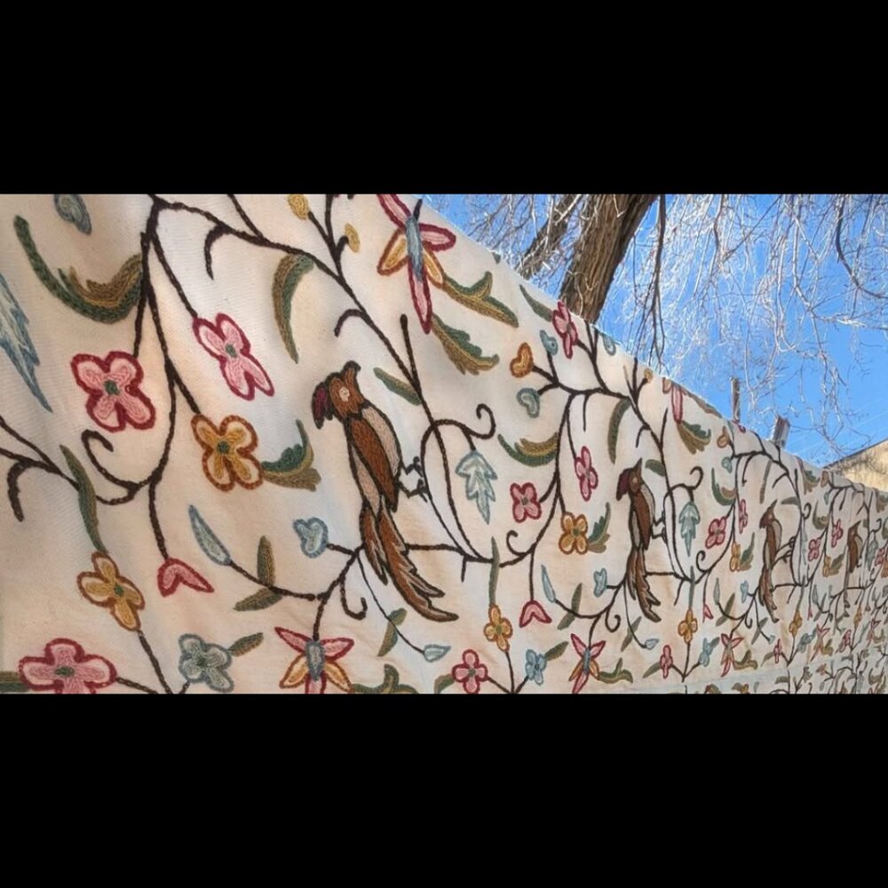 108x90 Vintage Hand Embroidered Crewel Bedspread